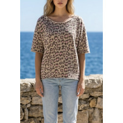 Sweat manches courtes léopard taupe et rose