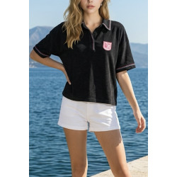 Polo éponge noir et surpiqûres rose