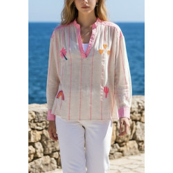 Blouse écru et vichy rose fluo broderies