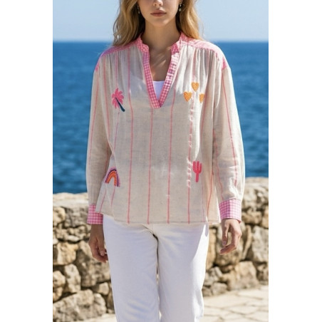 Blouse écru et vichy rose fluo broderies